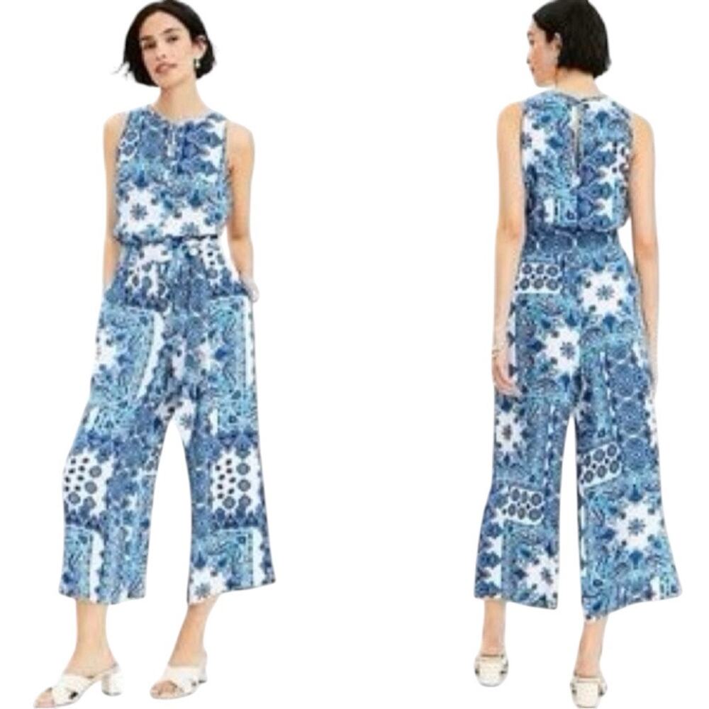 LOFT Paisley Print Wide Leg Cropped Jumpsuit Blue and White Size Medium - Picture 9 of 9